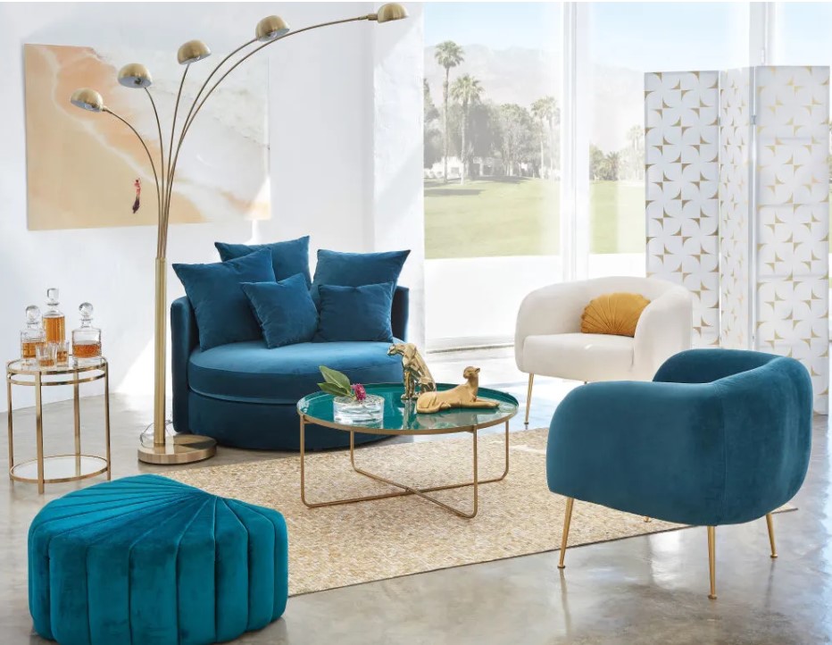moderne, blaue und runde Sofas