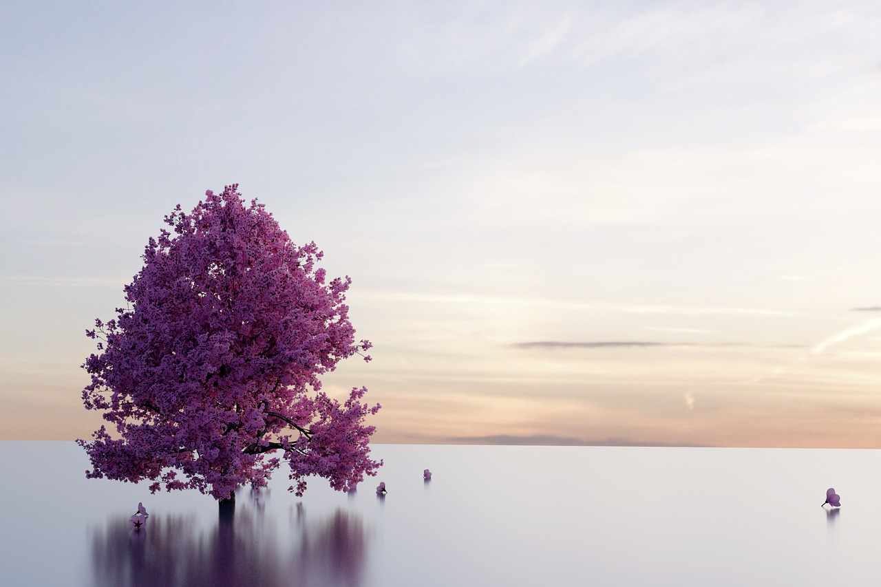 Malerische Abbildung eines violetten Baums im Wasser