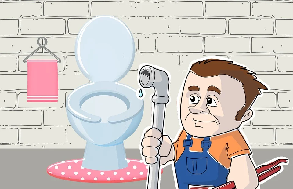 Comic-Abbildung eines Klempners vor der Toilette mit Zange und Rohr