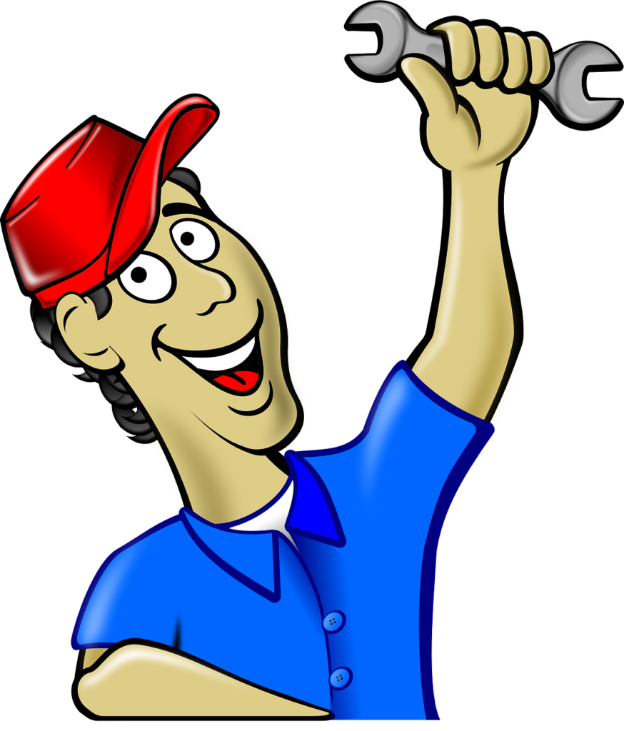 Comic-Bild eines Klempners mit roter Kappe und Schraubschlüssel in der Hand