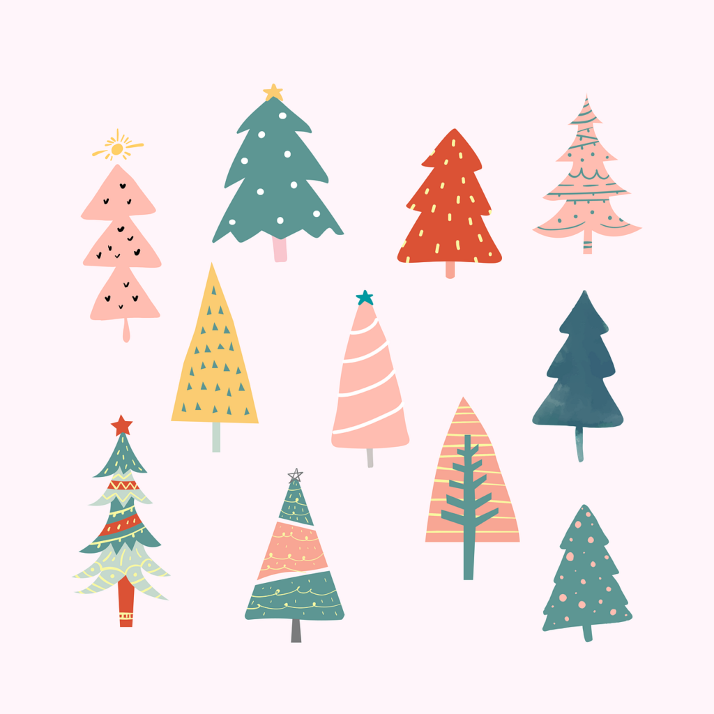 Verschiedene, bunte Comic-Weihnachtsbäume