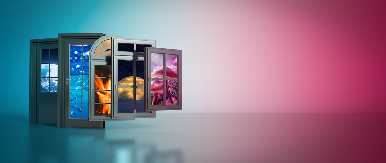 Verschiedene Fenster mit buntem Hintergrund, KI BIld