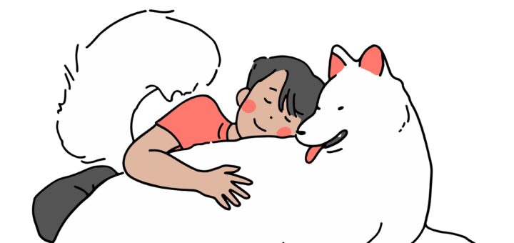 Comic-Abbildung eines Jungen, der mit einem weißen Hund kuschelt