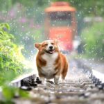 Nasser Corgi in der Natur, der sich schüttelt