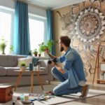 a professional painter creating a mural on a wall in a living room