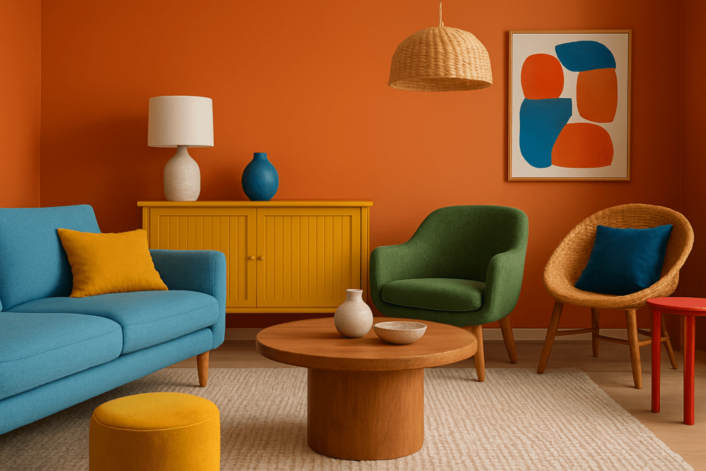 ChatGPT-Bild: "Haptisches", farbenfrohes Wohnzimmer mit Möbel aus unterschiedlichen Materialien