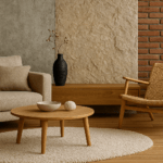 ChatGPT-Bild: "Haptisches" Wohnzimmer mit Möbel aus unterschiedlichen Materialien