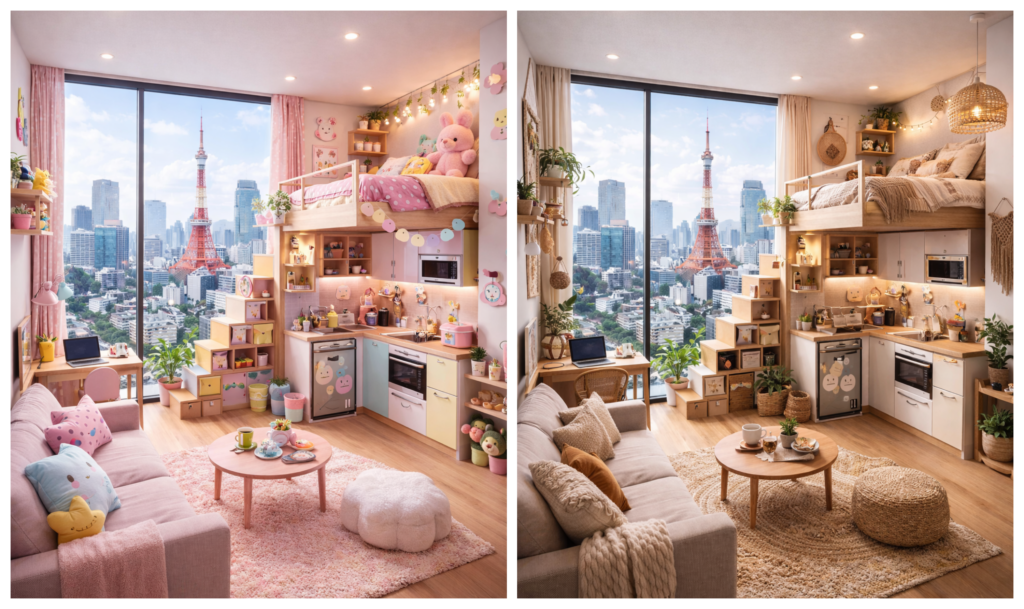 ChatGPT: Zwei Mikrowohnungen in unterschiedlichem Stil