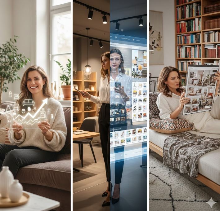 Bildcollage, Frau in Wohnung, Aktienkurse