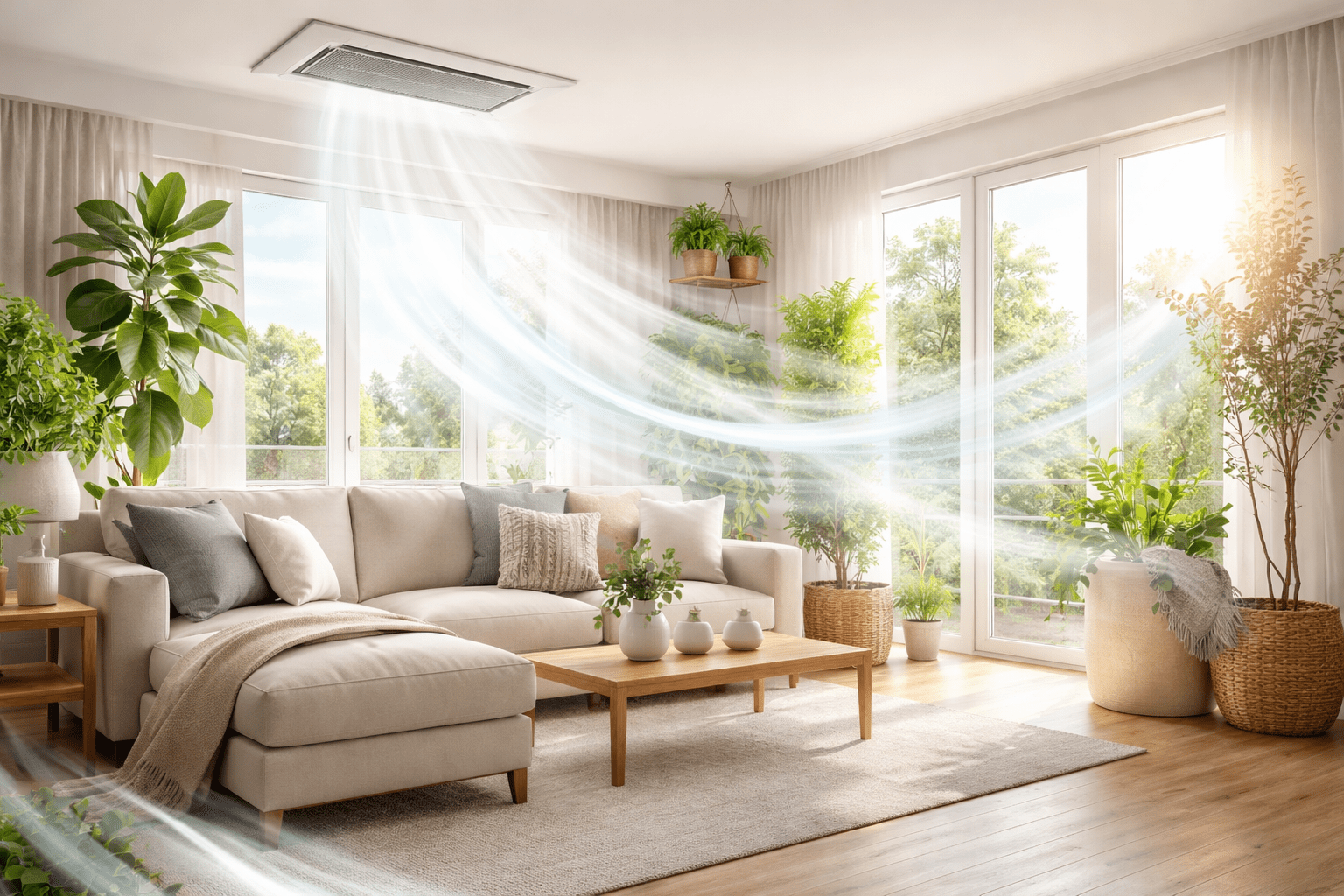 Wohnzimmer mit Lüftungsanlage durchlüftet