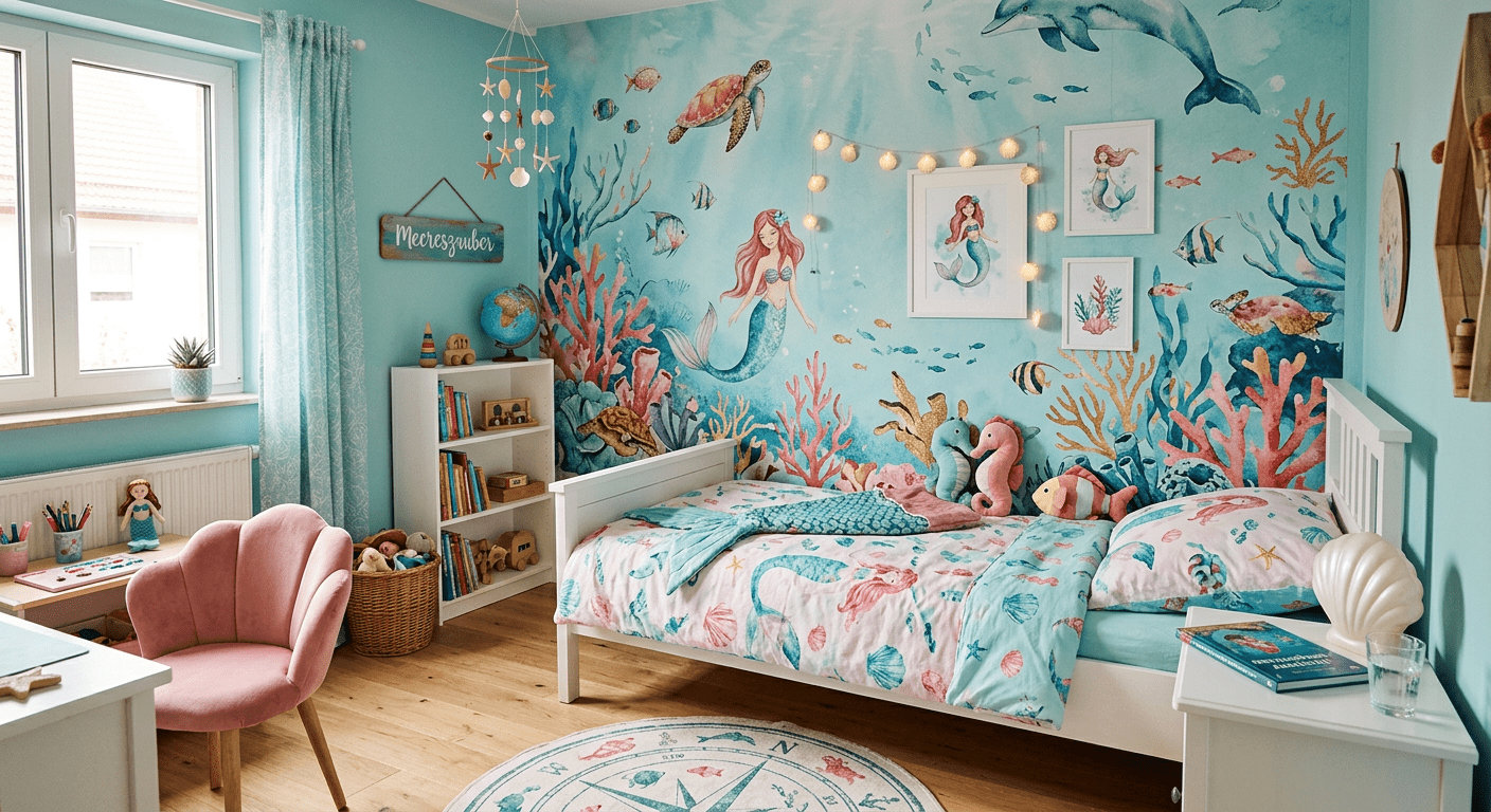 Kinderzimmer mit dem Motto "Unterwasser" (KI generiertes Bild)