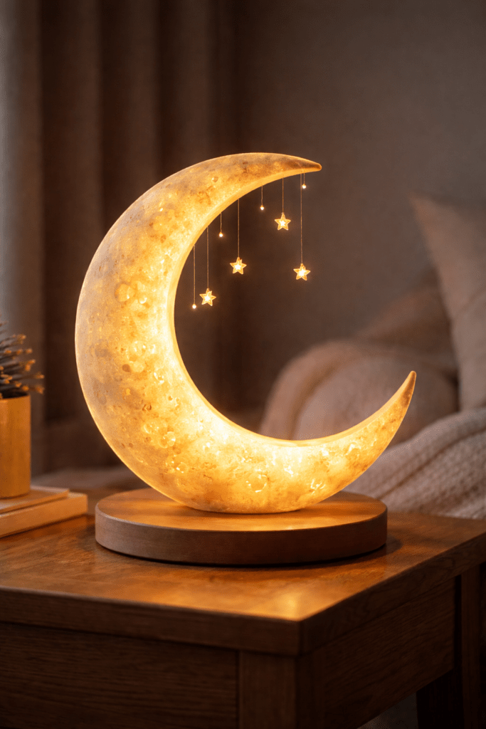 ChatGPT: Halbmond-Lampe mit Sternen (KI generiert)