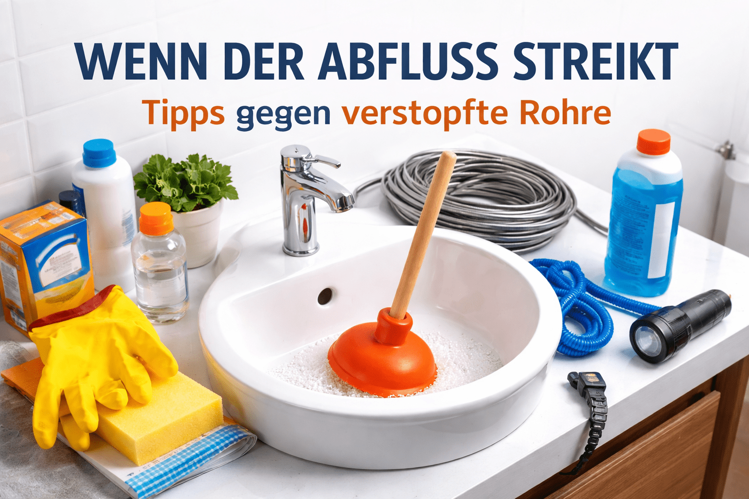 Waschbecken mit Pömpel und Reinigungsuntensilien