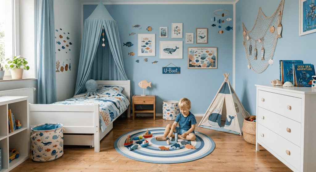 Kinderzimmer mit dem Motto "Unterwasser" (KI generiertes Bild)