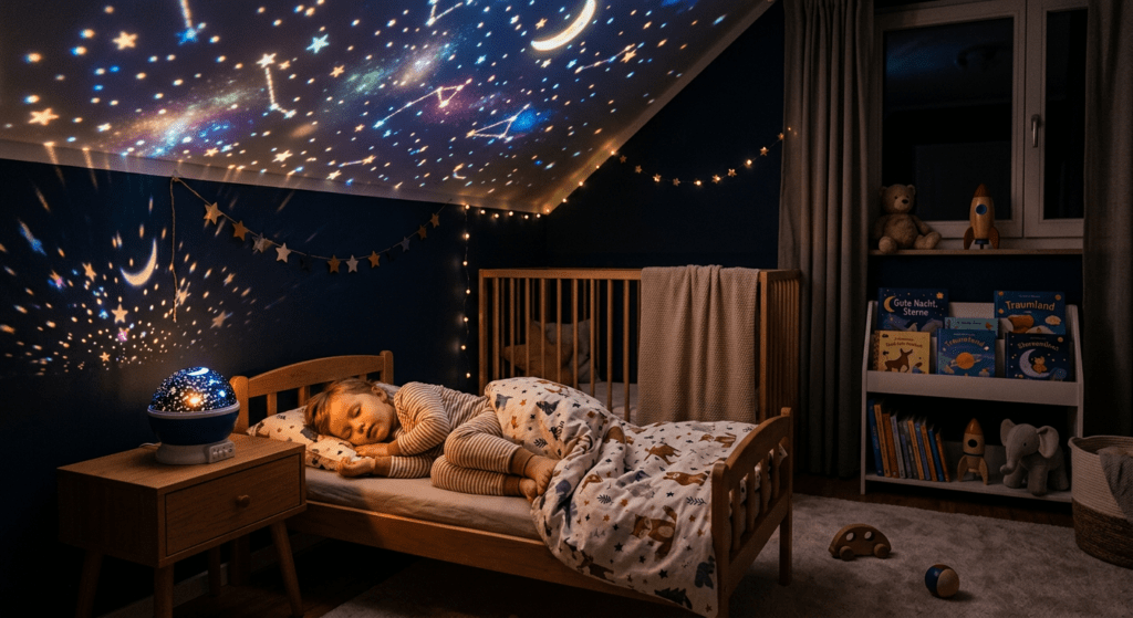 Sternenlichtprojektor in einem Kinderzimmer (KI generiertes Bild)