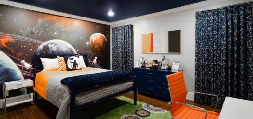 Kinderzimmer mit dem Motto "Weltall" (KI generiertes Bild)