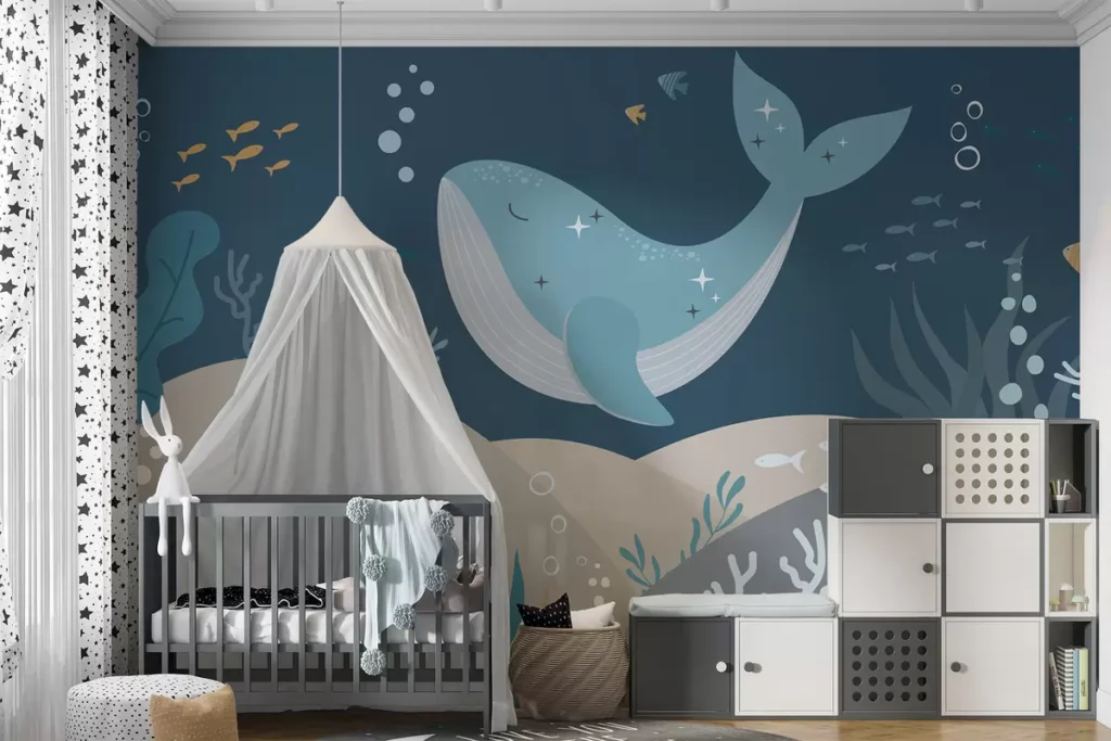 Kinderzimmer mit dem Motto "Unterwasser" (KI generiertes Bild)