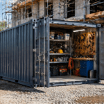 baustellenszene mit lagercontainer und werkzeugen