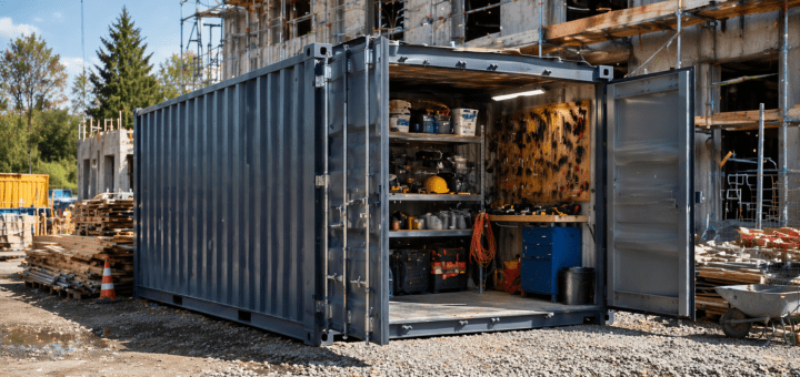 baustellenszene mit lagercontainer und werkzeugen