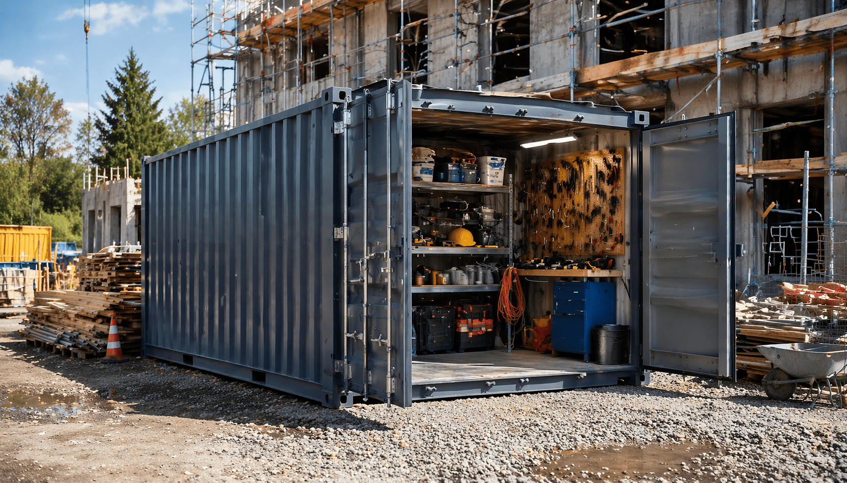 baustellenszene mit lagercontainer und werkzeugen
