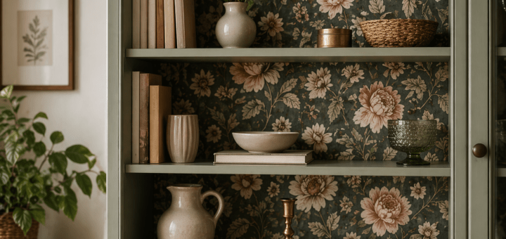 Regalrückwand mit Tapete umgestaltet