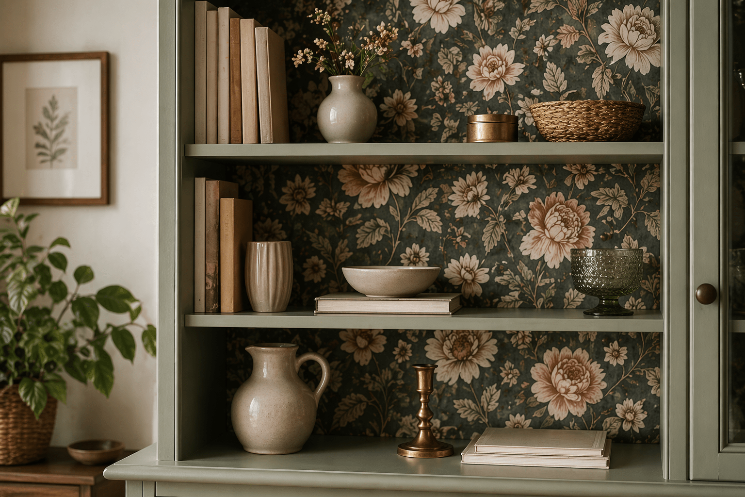 Regalrückwand mit Tapete umgestaltet