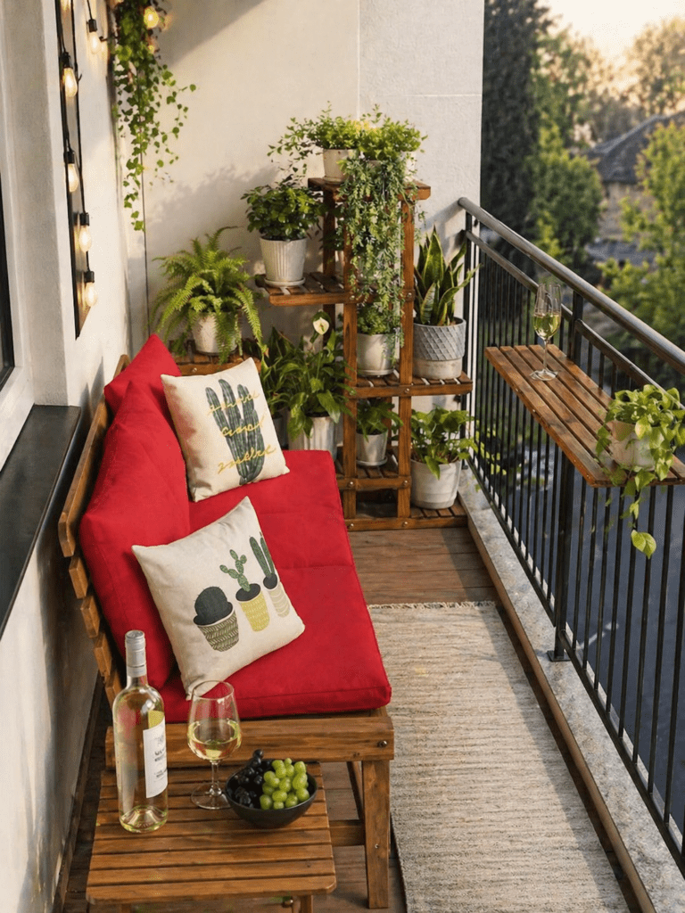 Balkon mit Holzsitzbank, Ablagefläche, Pflanzturm