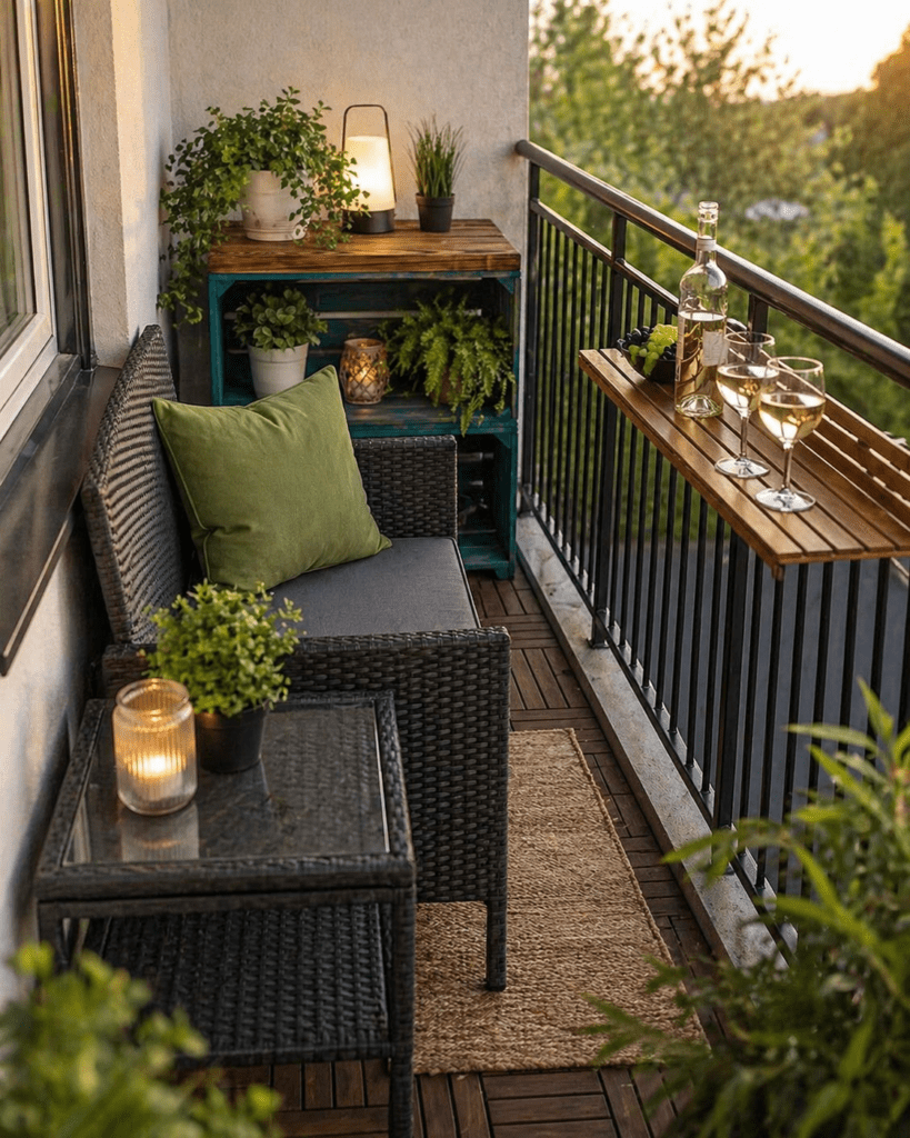 schmaler Balkon mit Rattanmöbeln und Palettentisch sowie Hängetisch