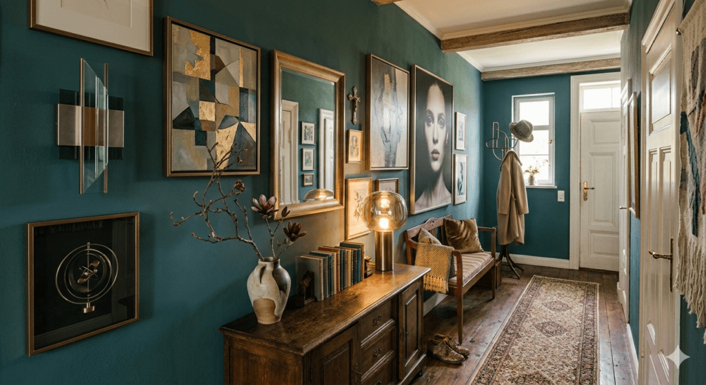 Fluridee mit grüner Wand moderner Kunst an den Wänden