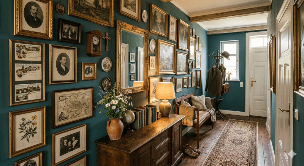 Vintage Flur in Petrol mit altem Tischchen, Teppich vielen Bildern, goldenen Rahmen