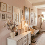 Fluridee: Rosa Flur viele Bilder, Trockenblumen, Wandteller, weiße Möbel