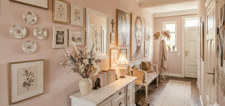 Fluridee: Rosa Flur viele Bilder, Trockenblumen, Wandteller, weiße Möbel