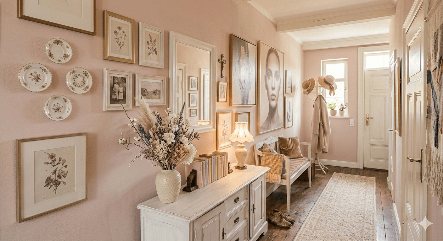 Fluridee: Rosa Flur viele Bilder, Trockenblumen, Wandteller, weiße Möbel