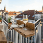 Schmale Balkone gestalten, Beispiel mit Barablage, pflanzenhängern