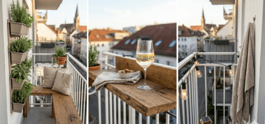 Schmale Balkone gestalten, Beispiel mit Barablage, pflanzenhängern