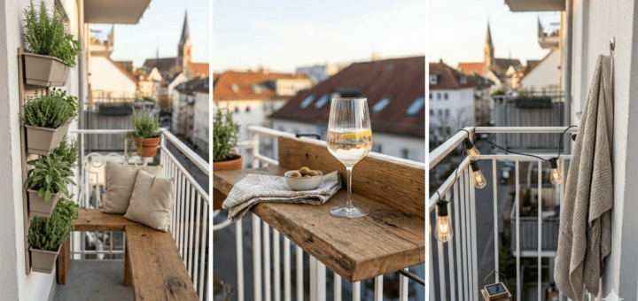 Schmale Balkone gestalten, Beispiel mit Barablage, pflanzenhängern