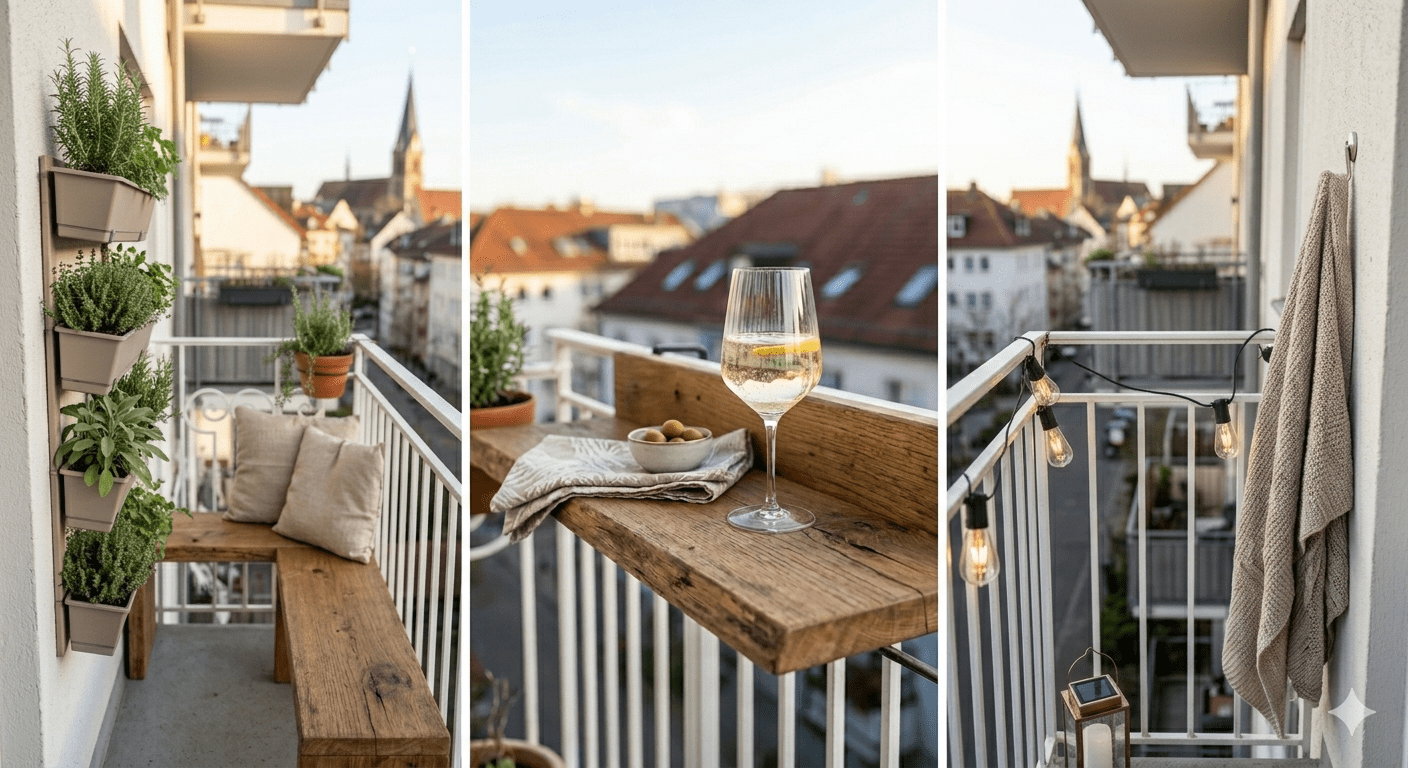 Schmale Balkone gestalten, Beispiel mit Barablage, pflanzenhängern