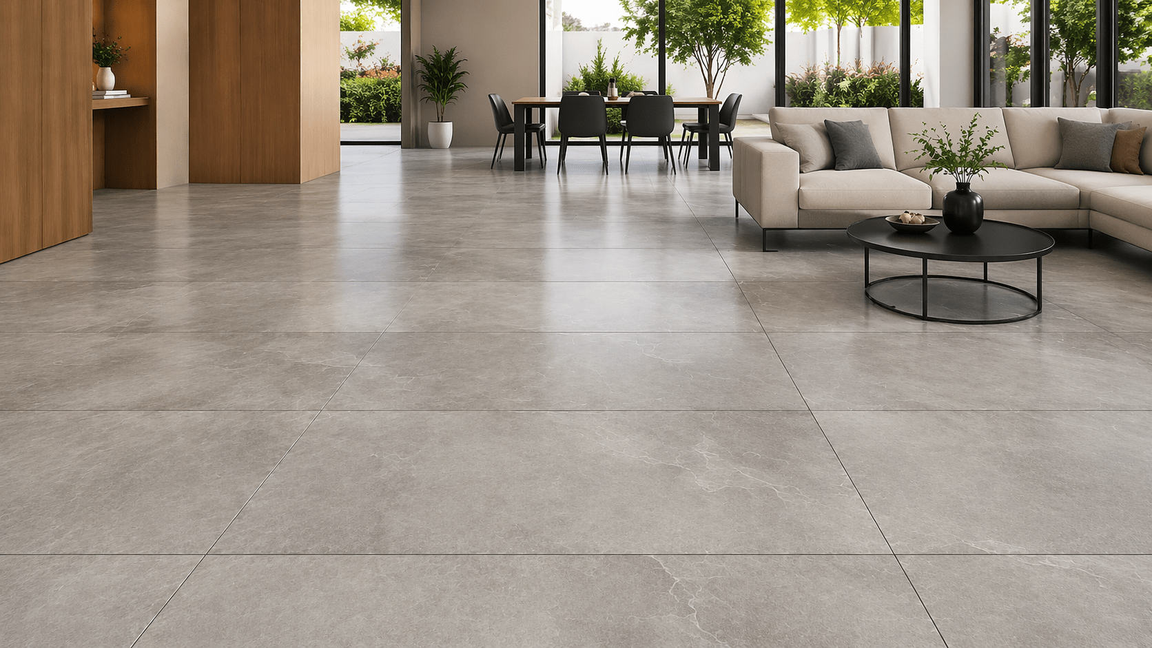 helles, modernes wohnzimmer mit gartenblick