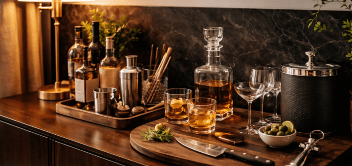 stilvolles heimbar setup aus holz und messing