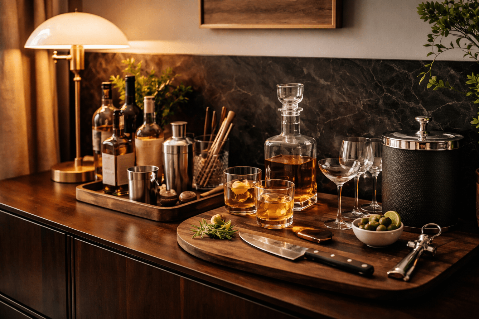 stilvolles heimbar setup aus holz und messing