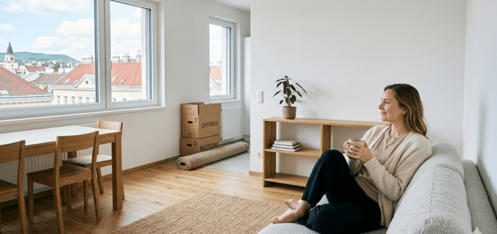 Frau sitzt in halbleerer Wohnung mit Umzugskartons