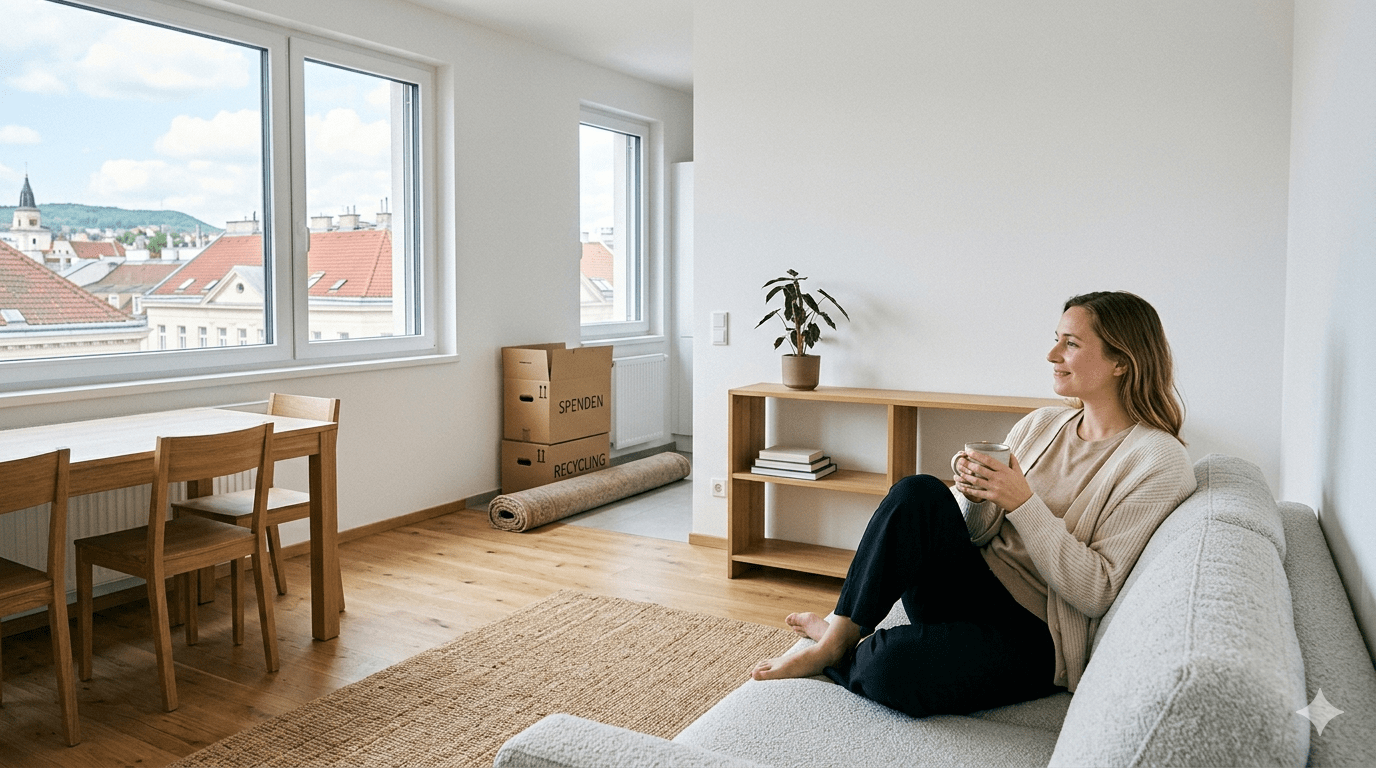 Frau sitzt in halbleerer Wohnung mit Umzugskartons