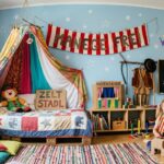 KI Bild: Blondes Mädchen im Zirkus-Kinderzimmer