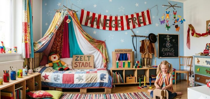 KI Bild: Blondes Mädchen im Zirkus-Kinderzimmer