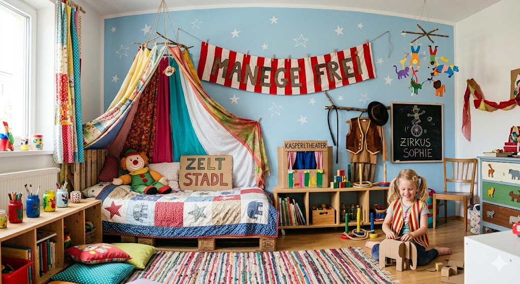 KI Bild: Blondes Mädchen im Zirkus-Kinderzimmer