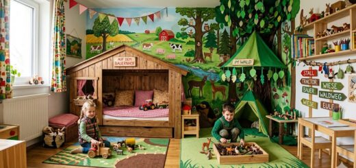Ki-Bild: Kinderzimmer im Bauernhof- und Wald-Look