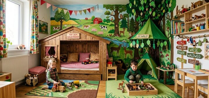 Ki-Bild: Kinderzimmer im Bauernhof- und Wald-Look