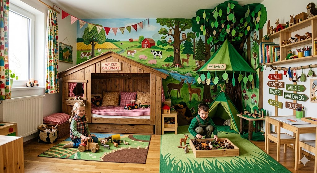 Ki-Bild: Kinderzimmer im Bauernhof- und Wald-Look