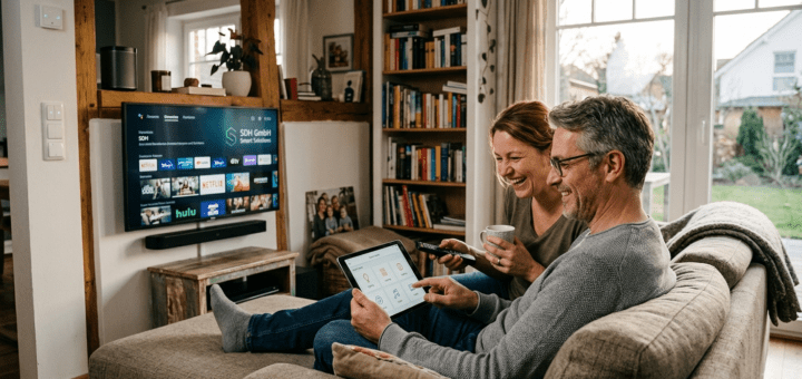 Glückliches mittelaltes Paar genießt Smart Home