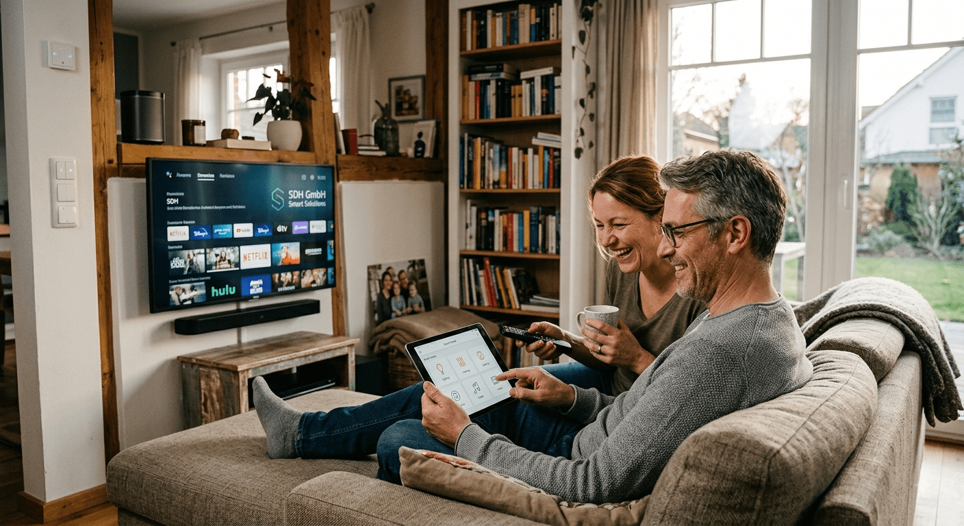 Glückliches mittelaltes Paar genießt Smart Home